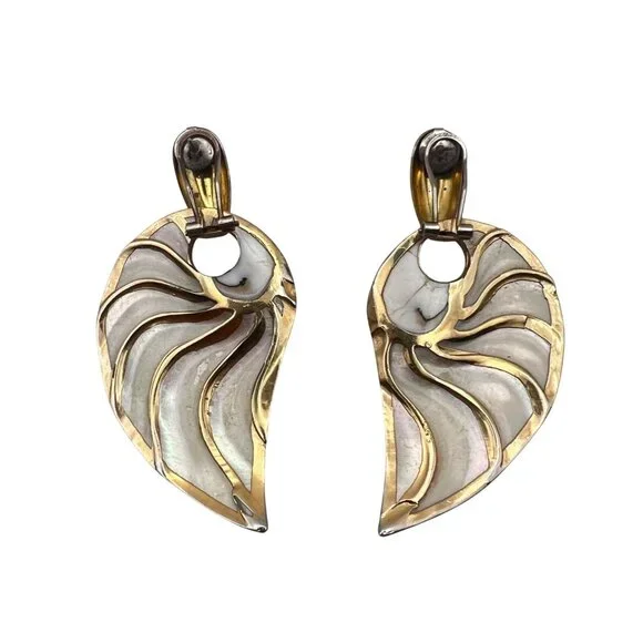 Mother Of Pearl Reversible Omega Back Earrings Abalone Gold Tone Statement Vtg - Picture 2 of 8